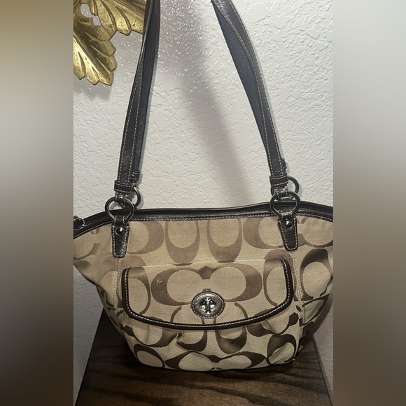 Coach Signature Jacquard Tote F14555 Brown Leather Trim Turnlock Pocket - Picture 1 of 6